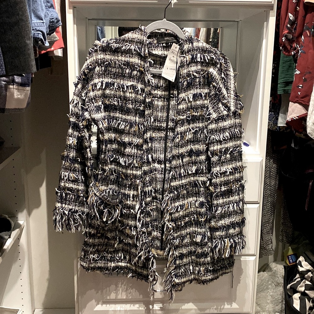 ZARA Outerwear Tweed Fringe Jacket Coat